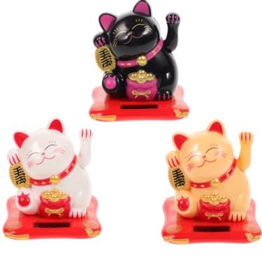 Imagem de Garneck 3 peças de estatuetas de gato Maneki Neko com braço de acendimento solar para gato da sorte, dinheiro, estátuas de gato para decoração de casa e escritório, Feng Shui