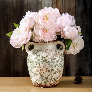 Imagem de Enra Vaso vintage, vaso decorativo de cerâmica verde e bege de 19 cm, vaso floral chinoiserie, vasos rústicos grandes para decoração de casa, sala de estar, estante de livros, escritório