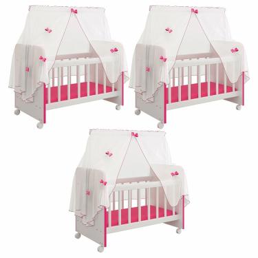 Imagem de Kit 3 Berços Para Boneca Brinquedo Infantil Branco Rosa