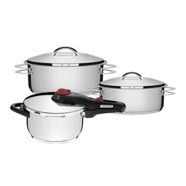 Imagem de Caçarola Rasa Solar 2 Peças + Panela De Pressão Solar 4,5 L Em Aço Inox Fundo Triplo Tr...