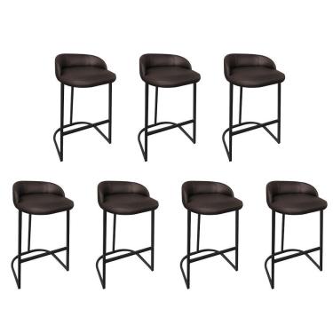 Imagem de Kit 07 Banqueta Betyna Com Encosto Alta Cozinha Bar Balcão Ferro Preto Sintético Marrom - Amey Decor