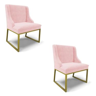Imagem de Cadeira Sala De Jantar Industrial Dourado Kit 2 Liz Suede Rosa Bebê D03 - D'rossi
