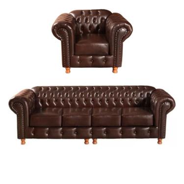 Imagem de Conjunto Sofá 4 Lugares E Poltrona Chesterfield Luís Xv Vintage Retrô Capitonê Couro Marrom