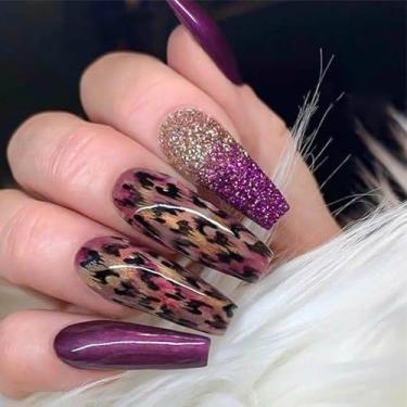 Imagem de RUOKEXIN Unhas Postiças De Caixão Com Pressão Longa, Glitter Roxo, Ombré, Desenhos Leopardo, Cola Artificial Brilhante, Bastão Fofo Para Mulheres, 24 Peças