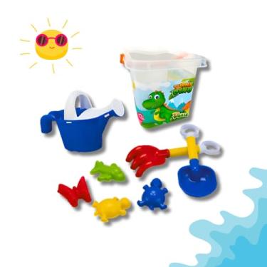 Imagem de Kit de Praia Infantil com Balde Dinossauro, Regador, Pá e 5 Moldes de Brinquedo, Multicolorido