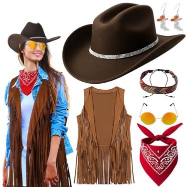 Imagem de ZhouBoat 6 peças de roupas femininas de cowgirl, colete de franja, chapéu de caubói, óculos, bandana e pulseira para cosplay (GG)