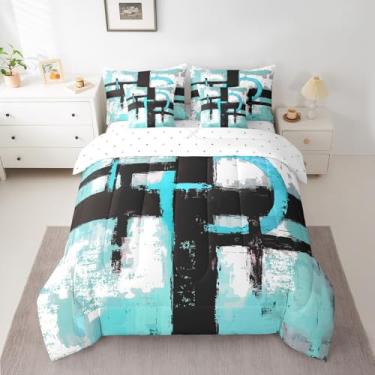 Imagem de Feelyou Conjunto de cama king abstrato de 7 peças, azul e preto, arte abstrata, para meninos e meninas, moderno, geométrico, para decoração de quarto