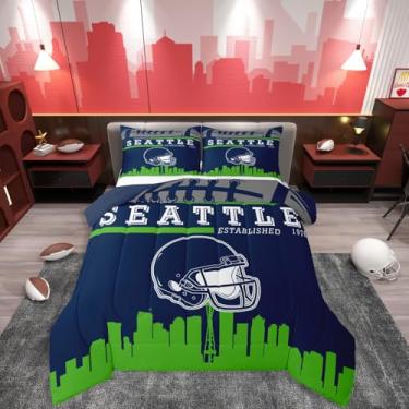 Imagem de Erosebridal Jogo de cama solteiro de futebol americano, capacete de jogador de futebol 3D, temática de rúgbi, temática de cidade de rúgbi, conjunto de edredom de futebol americano (Seattle)