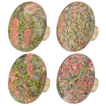 Imagem de rockcloud Gaveta de pedra de cristal natural Unakite com parafusos, puxador oval de pedra preciosa áspera para armário de cômoda, acessórios de hardware para decoração de móveis, 4 peças