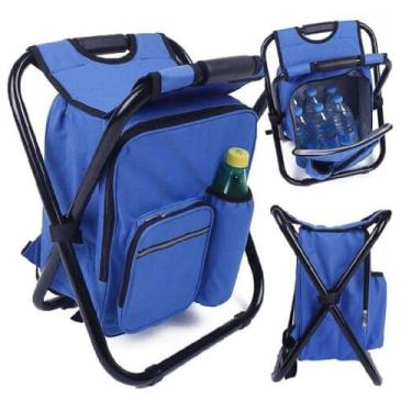 Imagem de BANQUETA DOBRAVEL COM BOLSA MOCHILA SEMI TERMICA CADEIRA BANCO PARA PESCA CAMPING PESQUEIRO 2 EM 1 AZUL