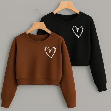 Imagem de Kit com 2 Cropped Moletom Estampa Corações Linhas Fofo Feminino Invern