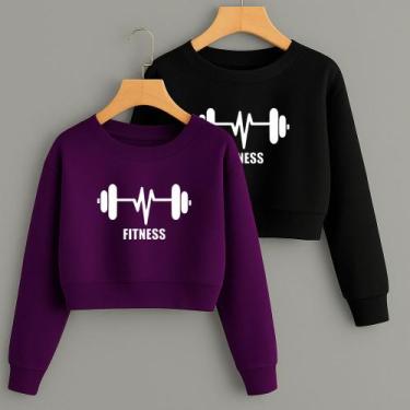 Imagem de Kit com 2 Cropped Moletom Estampa Barra Fitness Modinha Gym Academia T