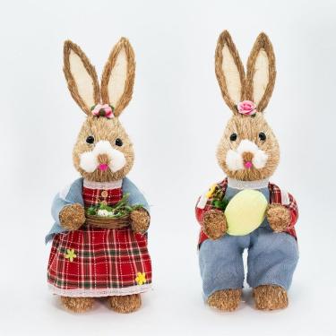 Imagem de Casal De Coelhos Páscoa Decoração em Palha Coelhinhos Xadrez 54cm