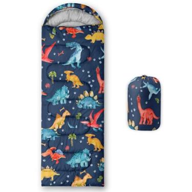 Imagem de QOOMO Sacos de dormir para acampamento com estampa de dinossauro de desenho animado, clima quente e frio, leve, sacos de dormir à prova d'água para adultos e crianças, viagens e ao ar livre