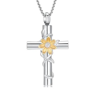 Imagem de Auri Lane Colar memorial cruz girassol flor dourada para cinzas – joia de cremação de aço inoxidável