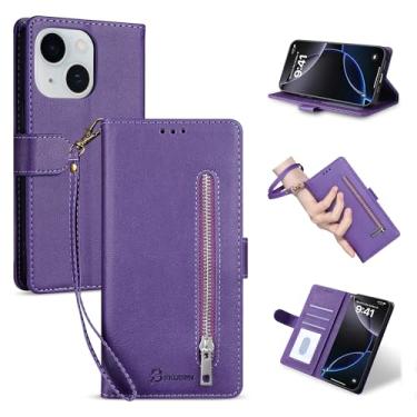 Imagem de BFKUSPN Capa carteira compatível com iPhone 15 Plus de 6,7 polegadas com zíper para cartão de crédito 【bloqueio RFID】 Capa de telefone flip de couro PU feminina masculina para Apple 15 Plus (roxo, 15