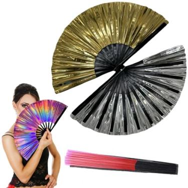 Imagem de Wyoutonon Ventilador de botas no chão, leques de dança de linha, grandes cores a laser holográficas dobráveis leques de palmas de rave de mão, fãs de clacking para festa discoteca dançante