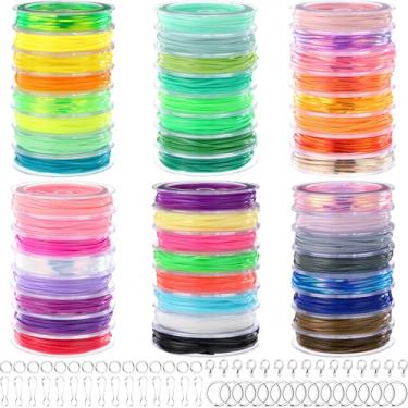Imagem de Wesnoy Kit de cordão de cordão, 48 rolos, cordão de plástico para pulseiras, chaveiros, artesanato faça você mesmo com chaveiro, clipes de pressão, anéis abertos, clipes de lagosta, kit de fabricação