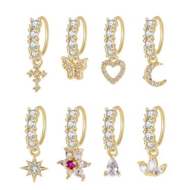 Imagem de Kvekstio Conjunto de 8 anéis de nariz com pingente de ouro, cruz elegante, estrela, borboleta CZ berloque argolas de nariz presente para mulheres, piercing corporal de nariz de septo de aço inoxidável