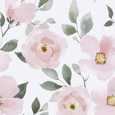 Imagem de Fvlow Papel de parede floral rosa descasque e cole branco floral papel de parede boho papel de parede impermeável autoadesivo para quarto, bancada, armários de mesa, decoração 44 x 998 cm