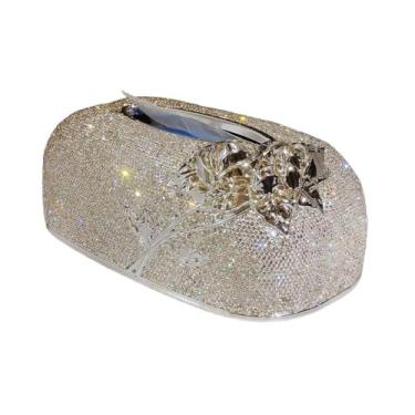 Imagem de Bestbling Porta-guardanapos de luxo com diamantes brilhantes – Organizador de caixa de tecido rosa com strass de cristal para casa e sala de estar (prata)