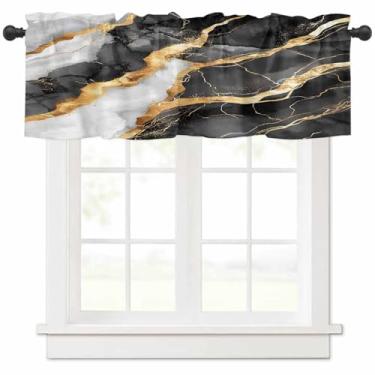 Imagem de Cortina de saia de mármore em ouro branco preto preto e branco ombré, cortinas curtas para cozinha, moderna, abstrata, preta, ouro branco, textura de mármore, cortina de bolso para varão, para