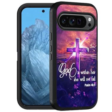 Imagem de FQTBCEARI Capa projetada para Google Pixel 10/10 Pro e Pixel 9/9 Pro, capa protetora de corpo inteiro à prova de choque com 3 camadas de grau militar, citações cruzadas versículos da Bíblia Salmo 46:5