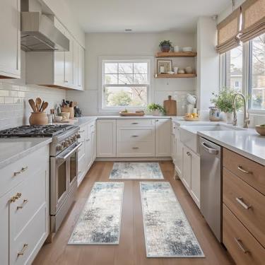 Imagem de GENIMO Conjuntos de 3 tapetes de cozinha antiderrapantes laváveis para chão, tapete de corredor de cozinha abstrato, impermeável, tapete para corredor, lavanderia, pia, entrada, banheiro, verde misto