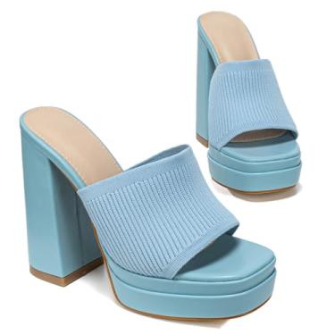Imagem de azmodo Sandálias femininas elegantes de salto alto e grosso, plataforma chique, para o verão, sapatos de salto bloco com cabedal de malha, elegantes e elegantes para festas noturnas, Azul, 40