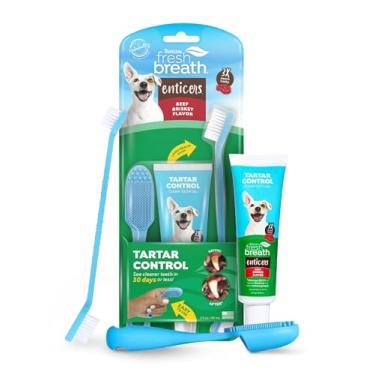 Imagem de TropiClean Fresh Breath Kit de higiene bucal – Escova de dentes de cerdas macias – Kit de escovação de dentes de cachorro – Pasta de dente para cães sabor peito de carne