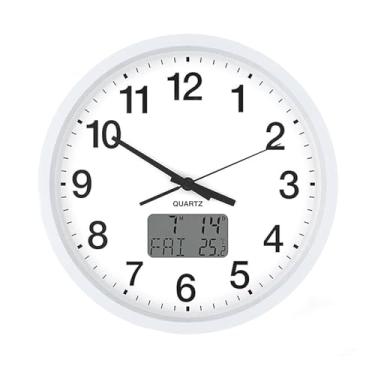 Imagem de T-FAMY Relógio de parede moderno de 30,5 cm com sensor de luz e regulação automática, visor digital de LED de hora/LCD e data e temperatura - Movimento de varredura silencioso operado por bateria para