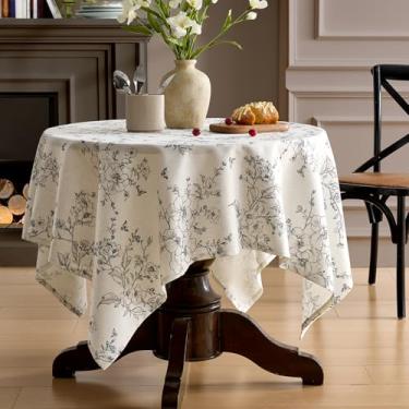 Imagem de Toalha de mesa quadrada floral, 139 x 139 cm, toalha de mesa de linho com estampa de flores pretas, textura, casa de fazenda, francesa, rústica, vintage, capa de mesa para piquenique, jantar, festa