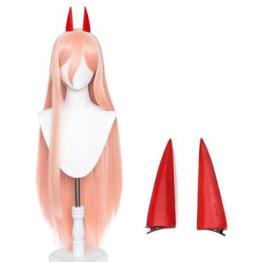Imagem de Peruca de cosplay Aicos longa rosa com chifres para mulheres e boné de