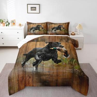 Imagem de Feelyou Jogo de cama solteiro para caça de pato preto, cachorro, pato, caça, casa de fazenda, madeira, conjunto de edredom para decoração de casa, 1 edredom + 1 fronha