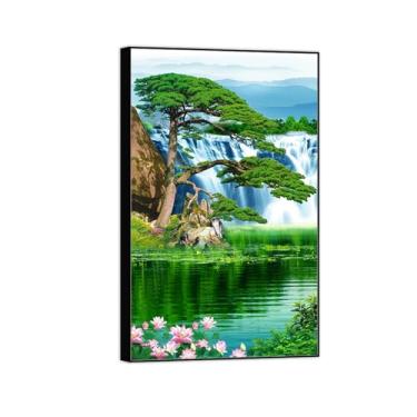 Imagem de BMZFYBS Pintura em tela de paisagem, cachoeira, lago, árvore, lótus, natureza, arte de parede, imagem chinoiserie - pôster de decoração de moldura preta 30 x 50 cm 12 x 20 pol