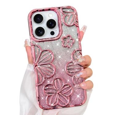 Imagem de Bonoma Capa com glitter para iPhone 16 Pro Max, linda capa com estampa floral 3D, proteção para câmera, capa traseira macia e brilhante para mulheres e meninas, rosa