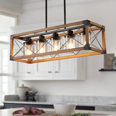 Imagem de XIPUDA Lustres rústicos pendurados para casa de fazenda para sala de jantar cozinha ilha luminárias lustres de madeira 5 luzes sobre mesa de jantar com sombra de vidro transparente - carvalho