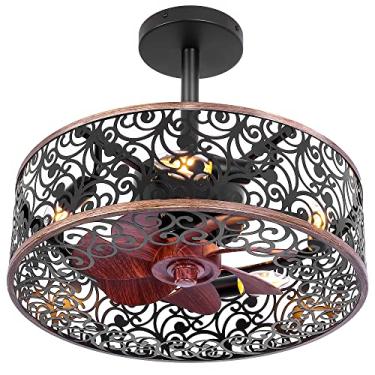 Imagem de REDSTAR Ventiladores de teto com luzes - Ventilador de teto de fazenda pequena com luz e controle remoto, ventilador de teto industrial com gaiola para sala de estar, quarto, cozinha