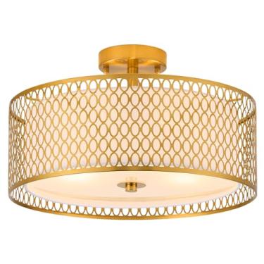 Imagem de Luminária de teto de 43.2 cm, luminária dourada de 3 luzes, luminária próxima ao teto com abajur de tecido branco e gaiola de malha de ferro Gloden para sala de jantar, sala de estar, quarto