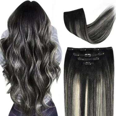 Imagem de Extensões de cabelo humano Remy de 50,8 cm preto balayage prata para mulheres - Liso sedoso 100% cabelo humano real 75 gramas 4 peças #1BT(SilverP1B) cor