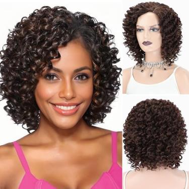 Imagem de XIUFAXIRUSI XIUFAXIRUSI Perucas afro encaracoladas para mulheres negras, peruca curta sintética mista marrom encaracolada, natural, macia, resistente ao calor, sem cola, afro-americana, cachos soltos