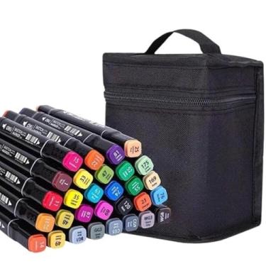 Imagem de Kit 36 Canetinhas Coloridas Marcador Permanente Ponta Dupla Para Colorir Bobby Goods Desenho Profissional e Escolar Lettering Com Estojo Organizador