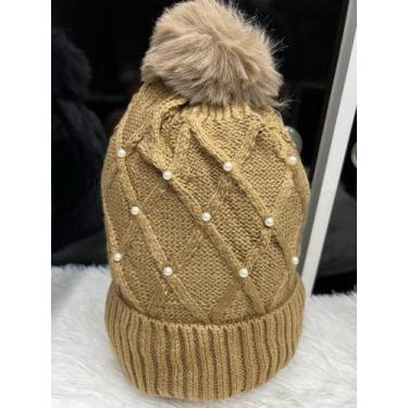 Imagem de Touca de Inverno com Pelúcia Feminina com Pompom e Perolas Touca Quent