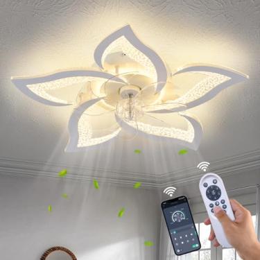 Imagem de SIJINCHEN Ventiladores de teto de flores com luzes e controle remoto, ventilador de teto moderno de 24 polegadas de baixo perfil, luminária de teto LED regulável, ventiladores de teto pequenos para