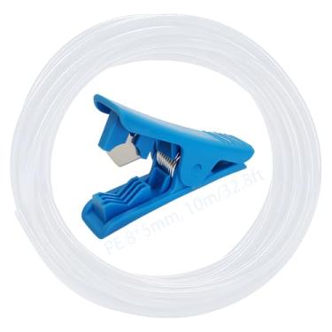 Imagem de CESFONJER Tubo de irrigação de gramado, mangueira de irrigação de jardim PE leitosa, tubo de irrigação por gotejamento OD 8 mm x ID 5 mm com cortador de tubo azul para sistema de irrigação por