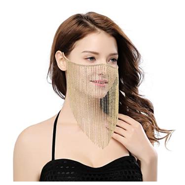 Imagem de Bellady Máscara de baile de máscaras feminina com franjas de strass, máscara de carnaval, festa, baile, máscara, bar, fantasia, acessório, máscara facial dourada