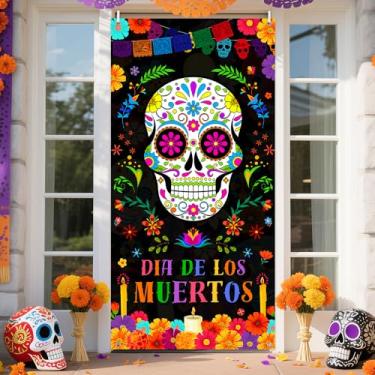 Imagem de AIBIIN Dia dos Mortos Capa de Porta Banner Decoração de Festa para Festa Mexicana Fiesta Crânio Flores Foto Cabine Fundo Dia DE Los Muertos para Alebrijes Mexicanos Parede de Casa 89,9 x 179,8 cm