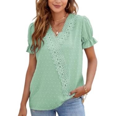 Imagem de Blusa Feminina De Renda Com Decote Em V De Crochê Chiffon Folha De Lótus Manga Curta Flowy T-shirts Blusa De Bolinhas Suíças Lazer Cor Sólida Tee Top Lace Cross Chiffon Re, D-green, M