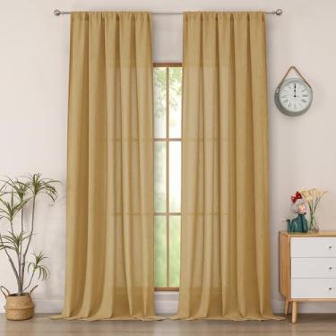 Imagem de Simplebrand Cortinas semitransparentes texturizadas de linho sintético dourado 2 painéis de 2 painéis para sala de estar, privacidade extra longa filtragem de luz cortinas grossas para janela grande