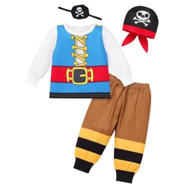 Imagem de FYMNSI Fantasias de Halloween para bebês meninos, fantasma, pirata, manga comprida, estampa de marinheiro, calça, cachecol, chapéu, tapa-olhos, conjunto de 4 peças, roupas infantis para cosplay de